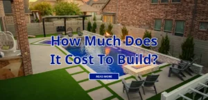 A picture of a pool with three fire pits in a manicured backyard.