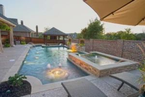 Picture of a geometric pool in a backyard.