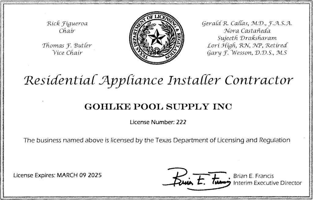 Gohlke Pools Contractor License for 2024-2025.