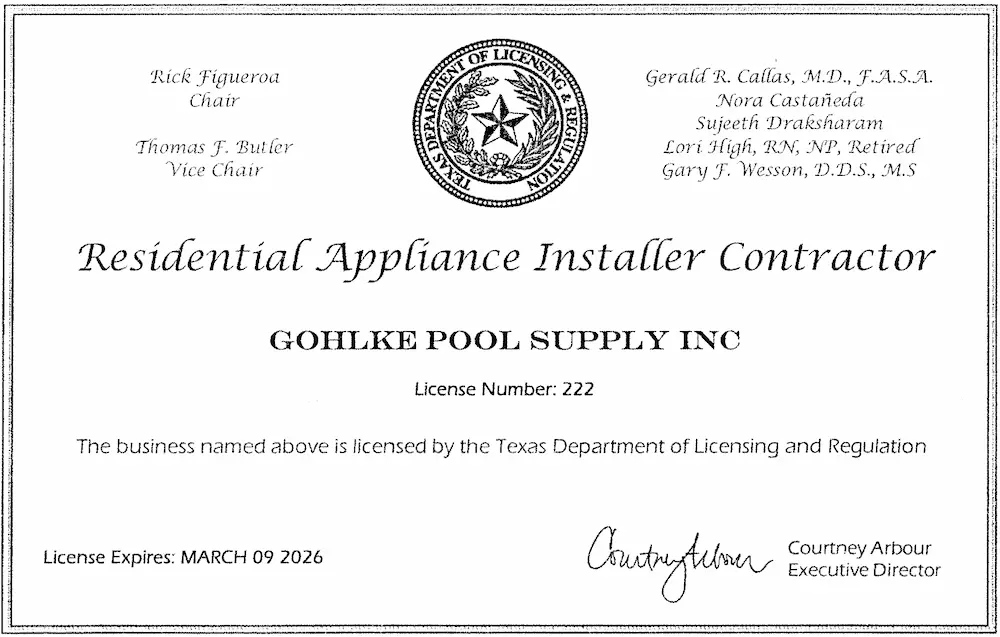 Gohlke Pools Contractor License for 2025-2026.